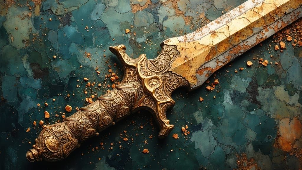 Ornate Steel Sword with Adorable Scenes in Oil Paint Style