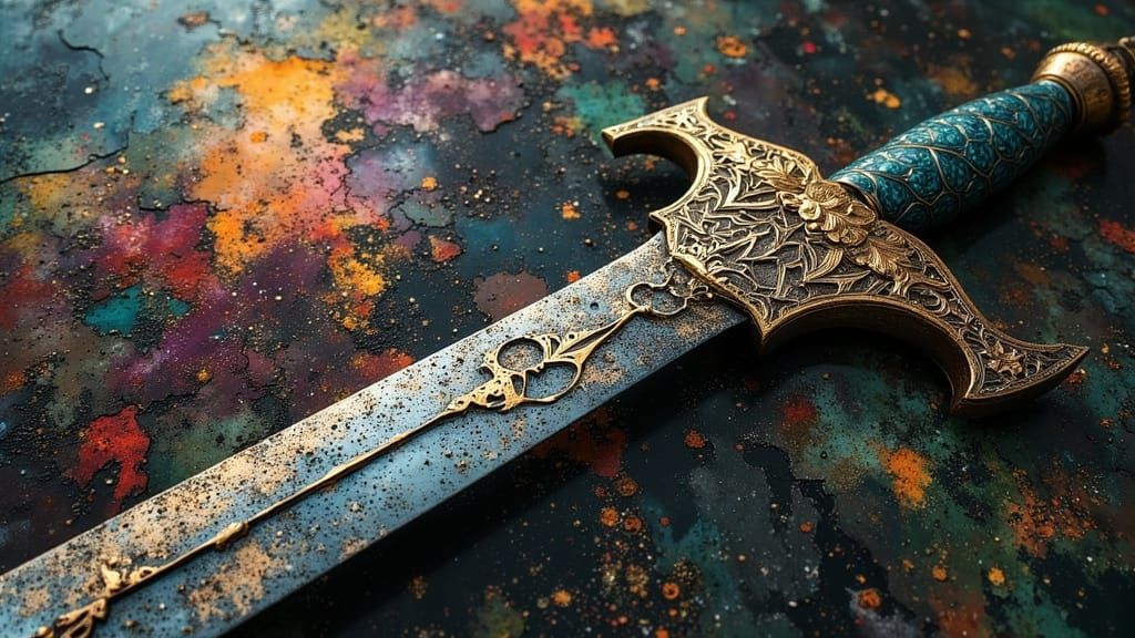Ornate Steel Sword with Adorable Scene Inlays