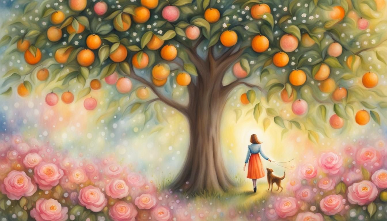 Whimsical Woman and Dog Stroll Through a Vibrant Garden in S...