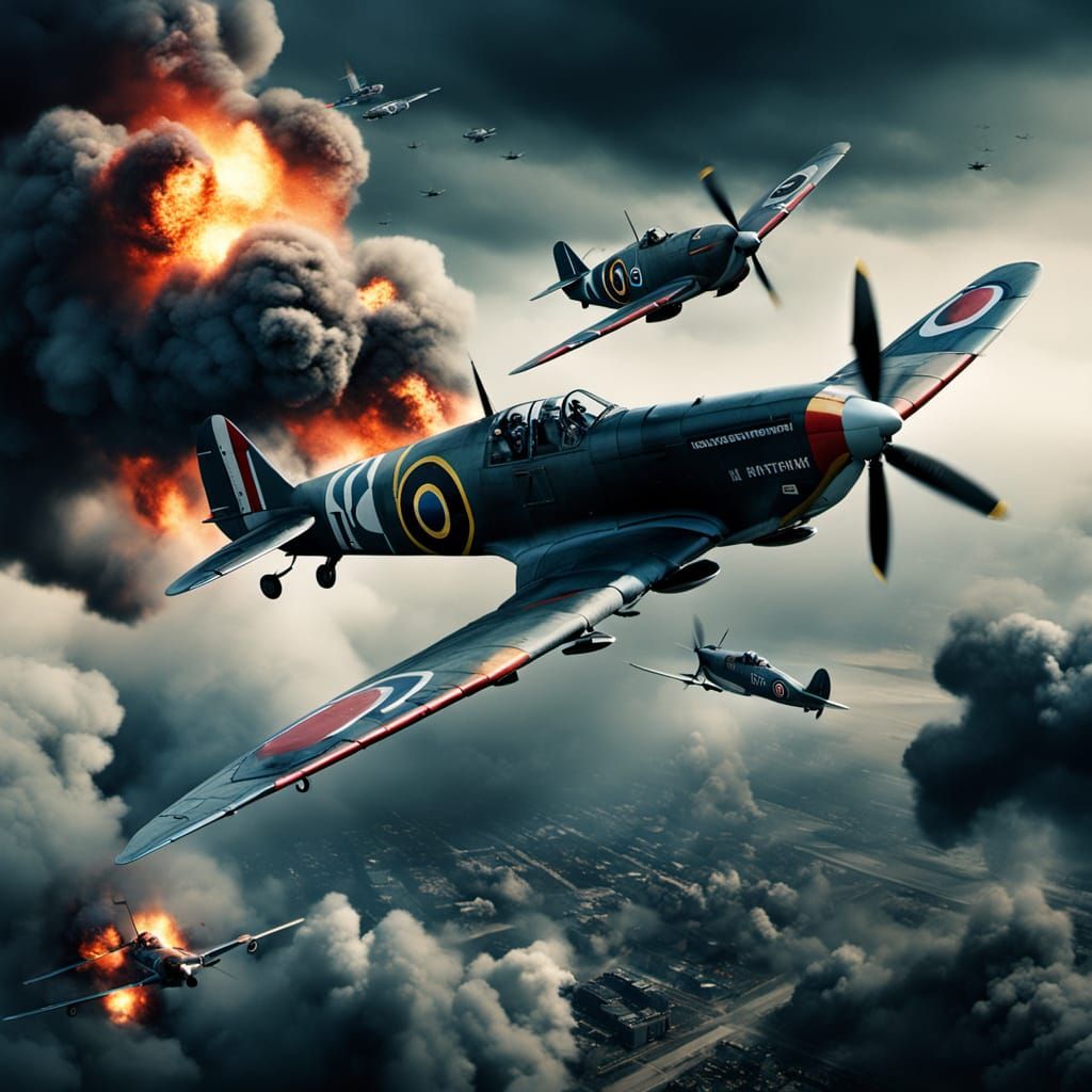 Spitfire Dogfight Over War-Torn Europe in Vintage Style