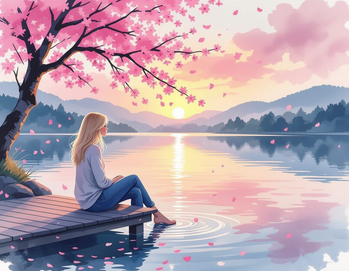 Serene Lake Sunset with Falling Cherry Blossoms