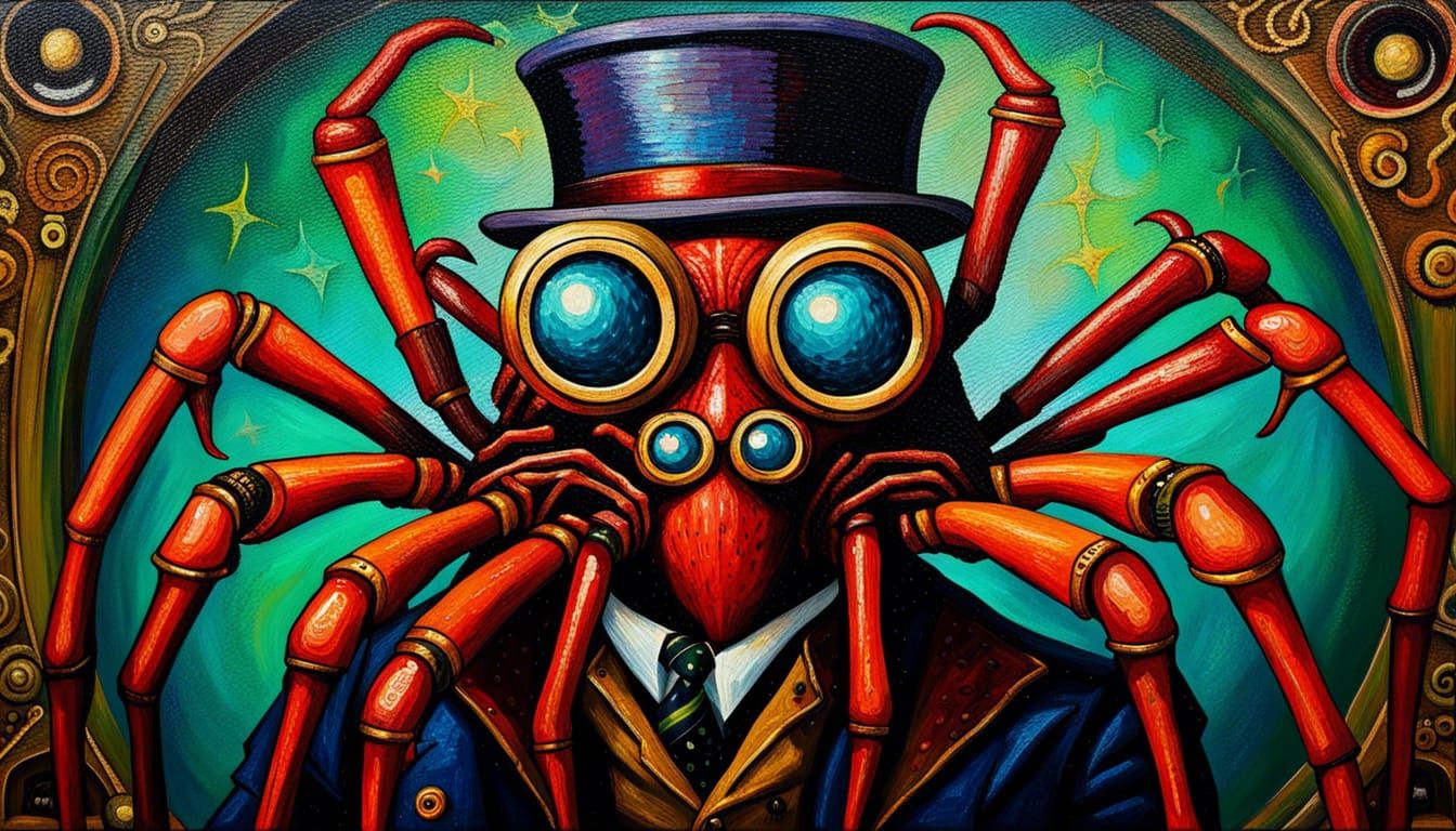 Intricate Steampunk Spider in Oil Painting