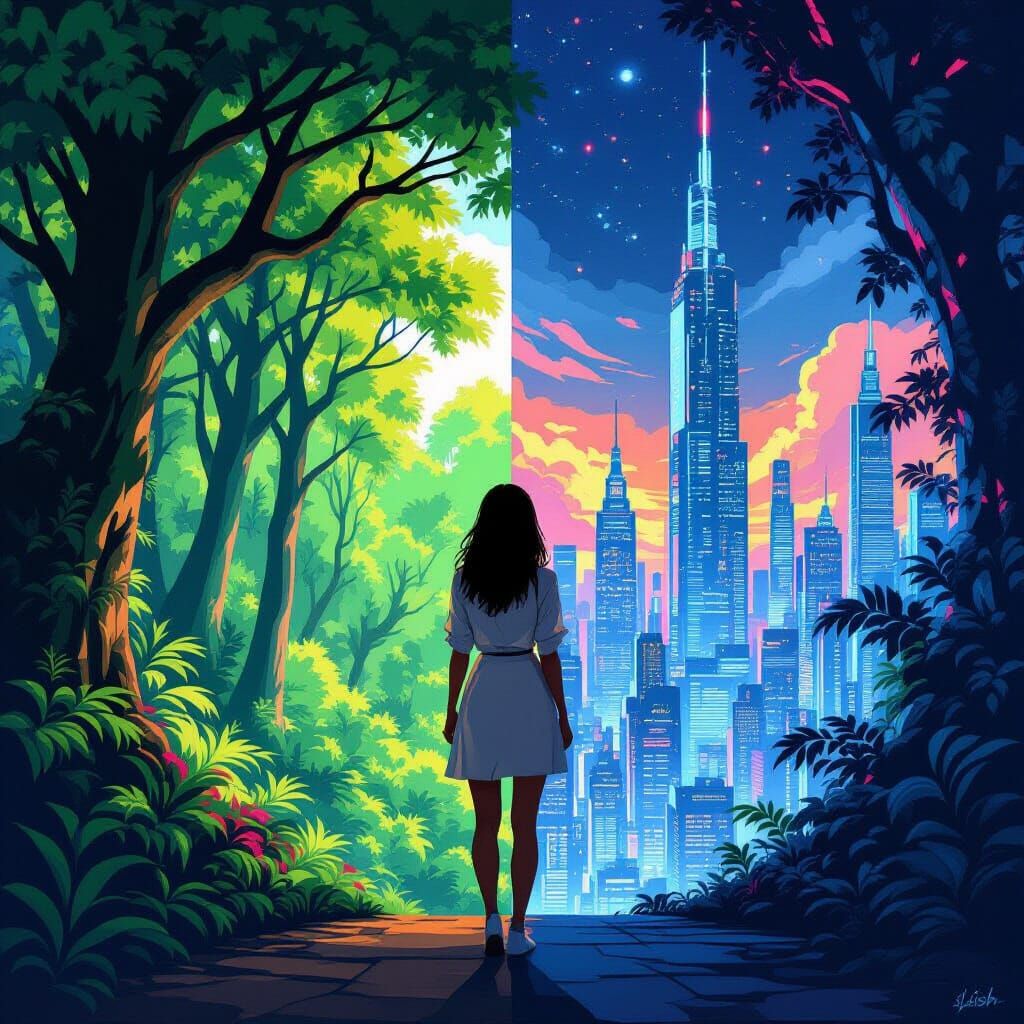 Woman Divided: Forest Meets Futuristic City