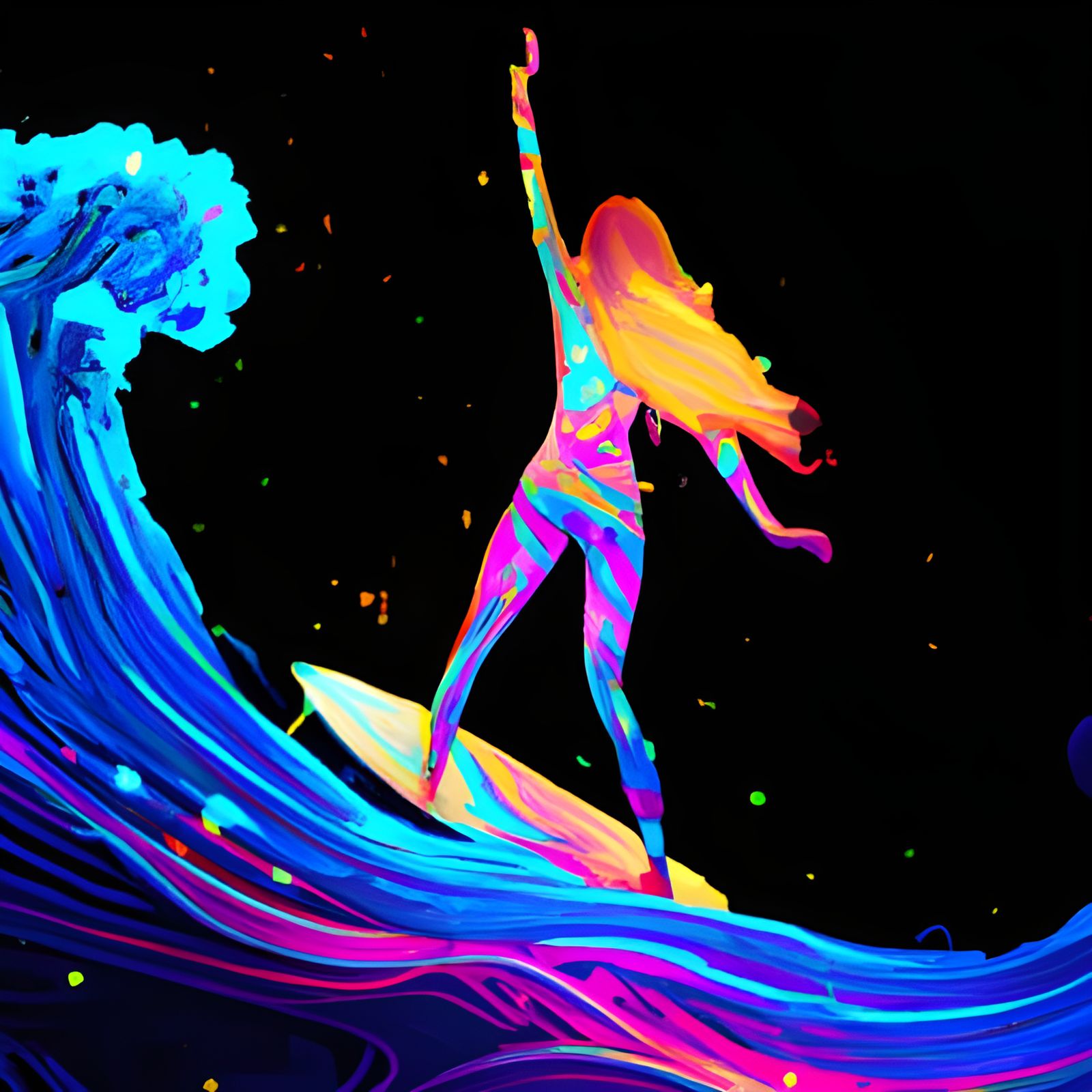 Glowing Surfer Girl Surfs Cosmic Waves in Vibrant Tie-Dye