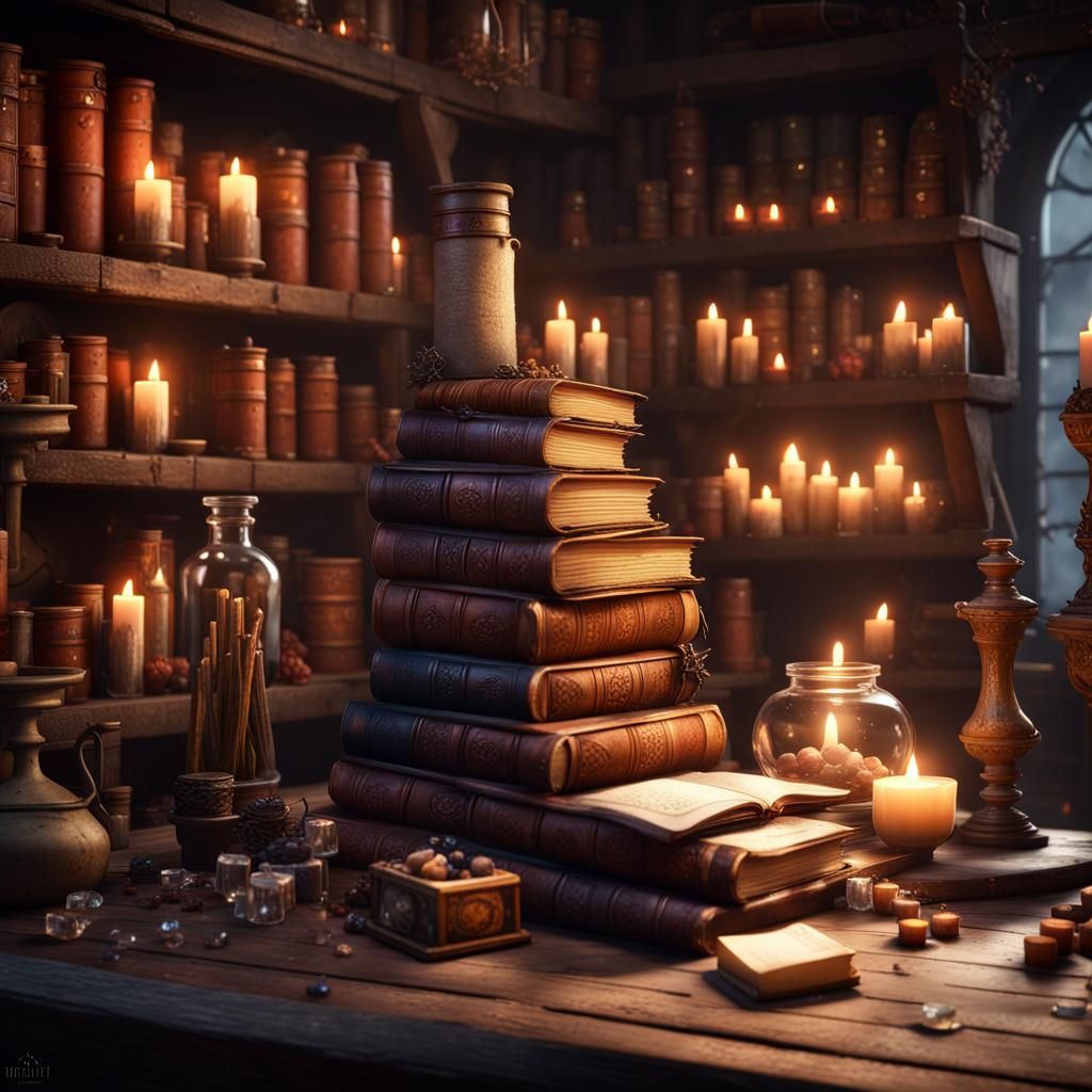 Epic High Fantasy Workshop with Spell Tomes and Arcane Artif...