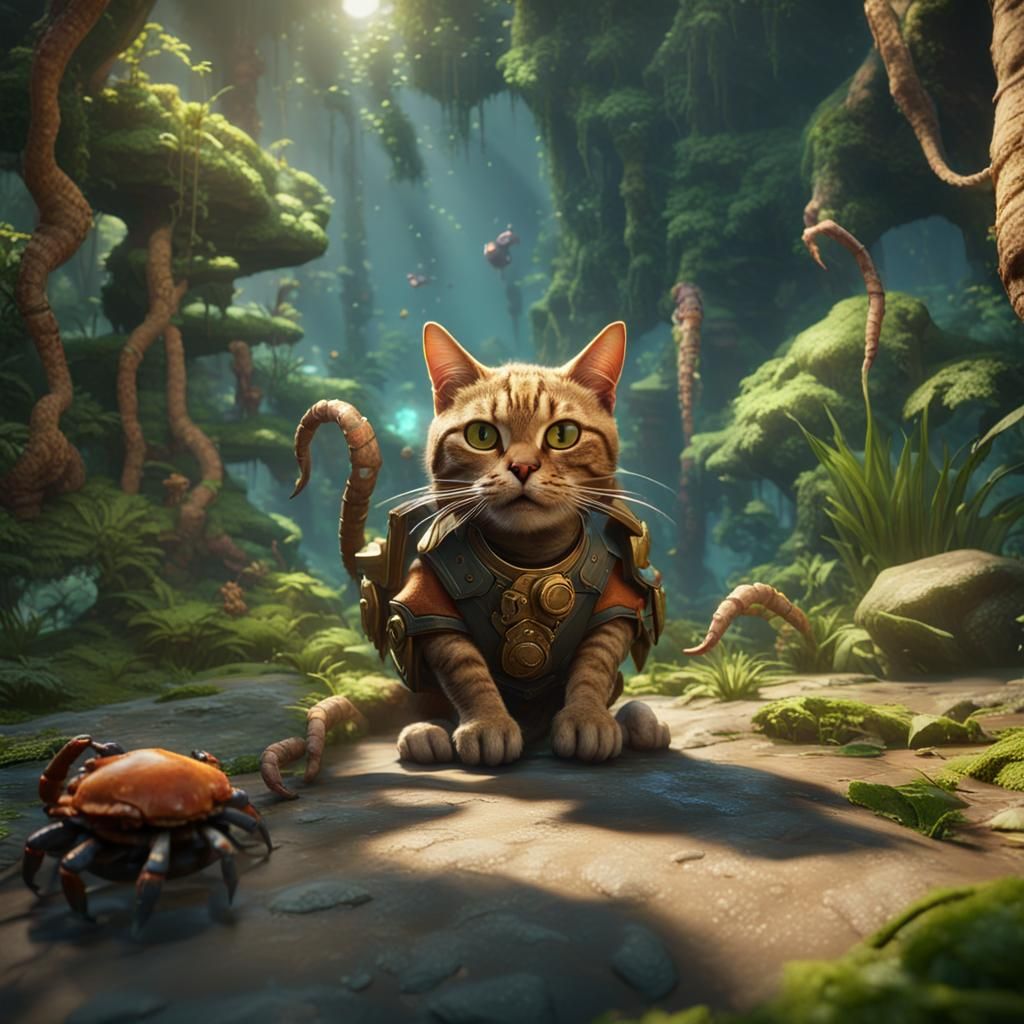 Surreal Cat Encounter in Exotic Jungle Oasis