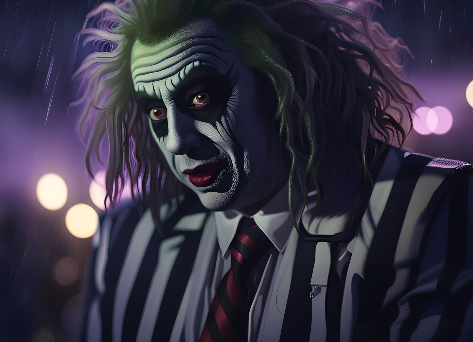 Surreal Beetlejuice Portrait in Midnight Filmic Aesthetic