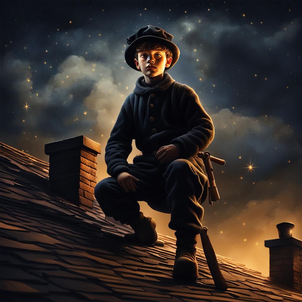Chimney Sweep Boy on a Dark Starry Night
