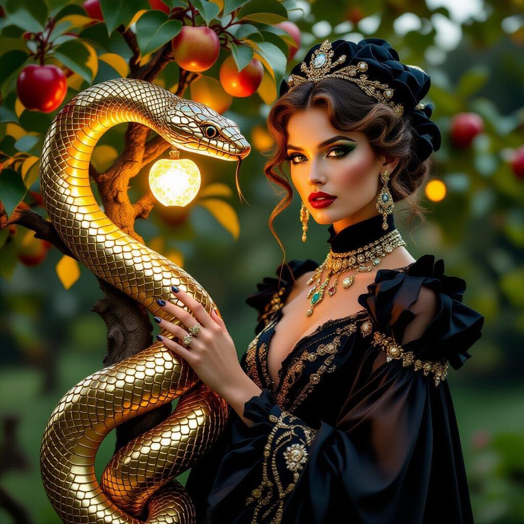 Woman with Golden Serpent in Surreal Fashion Editorial