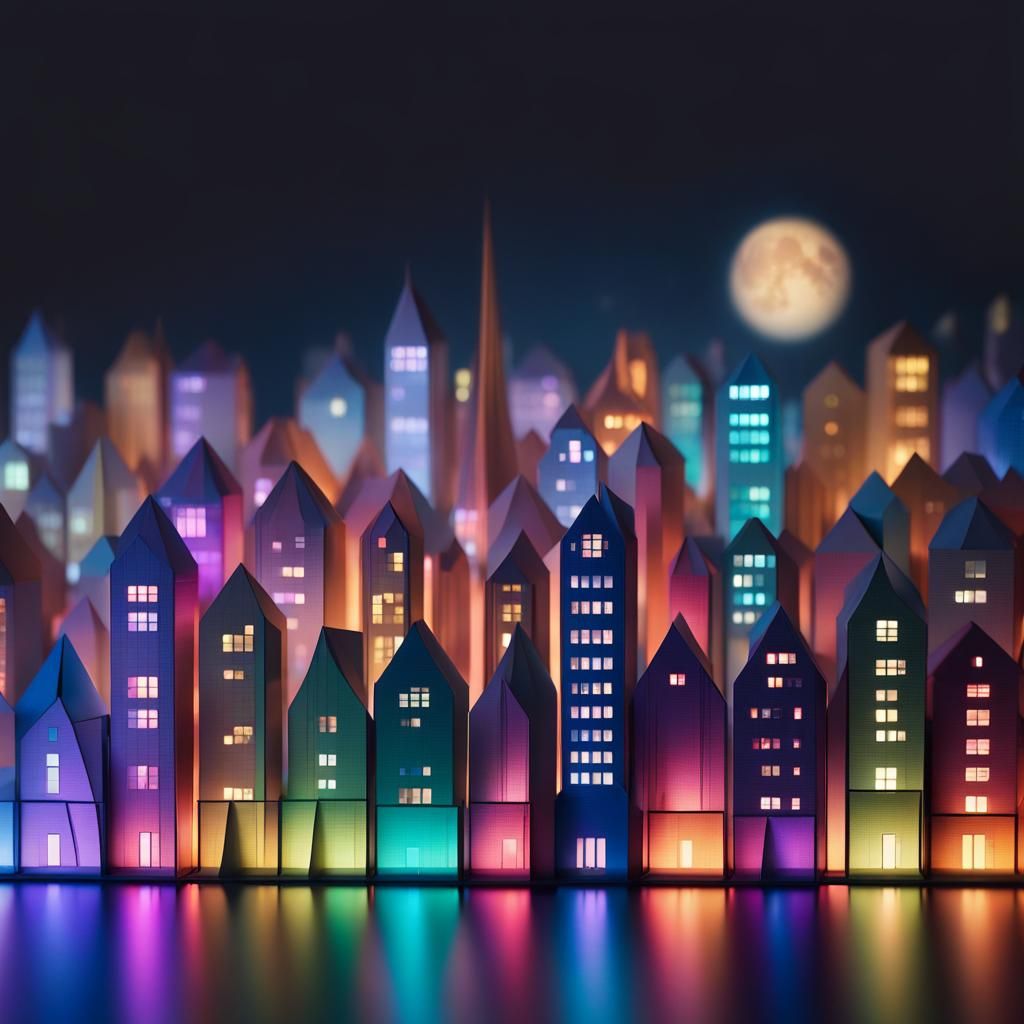 Vibrant Cityscape at Dusk in Origami Paper Style