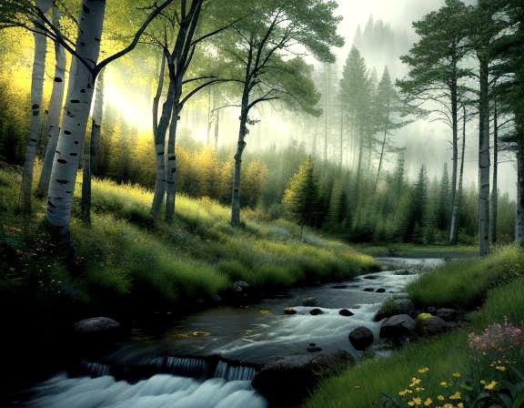 Vibrant Meadow Scene with Aspen Trees and Wildflowers in Wat...