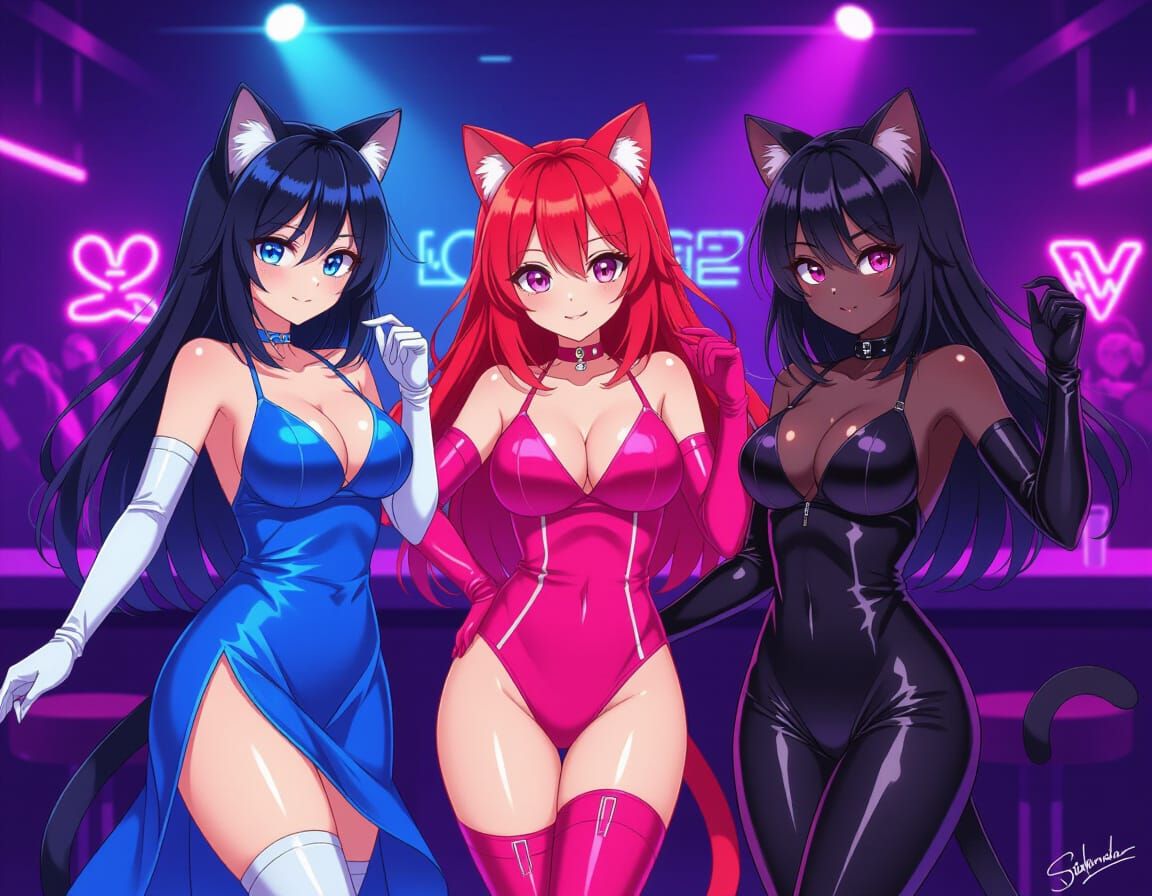 Anime Cat Girls Dancing in Nightclub with Neon Lights