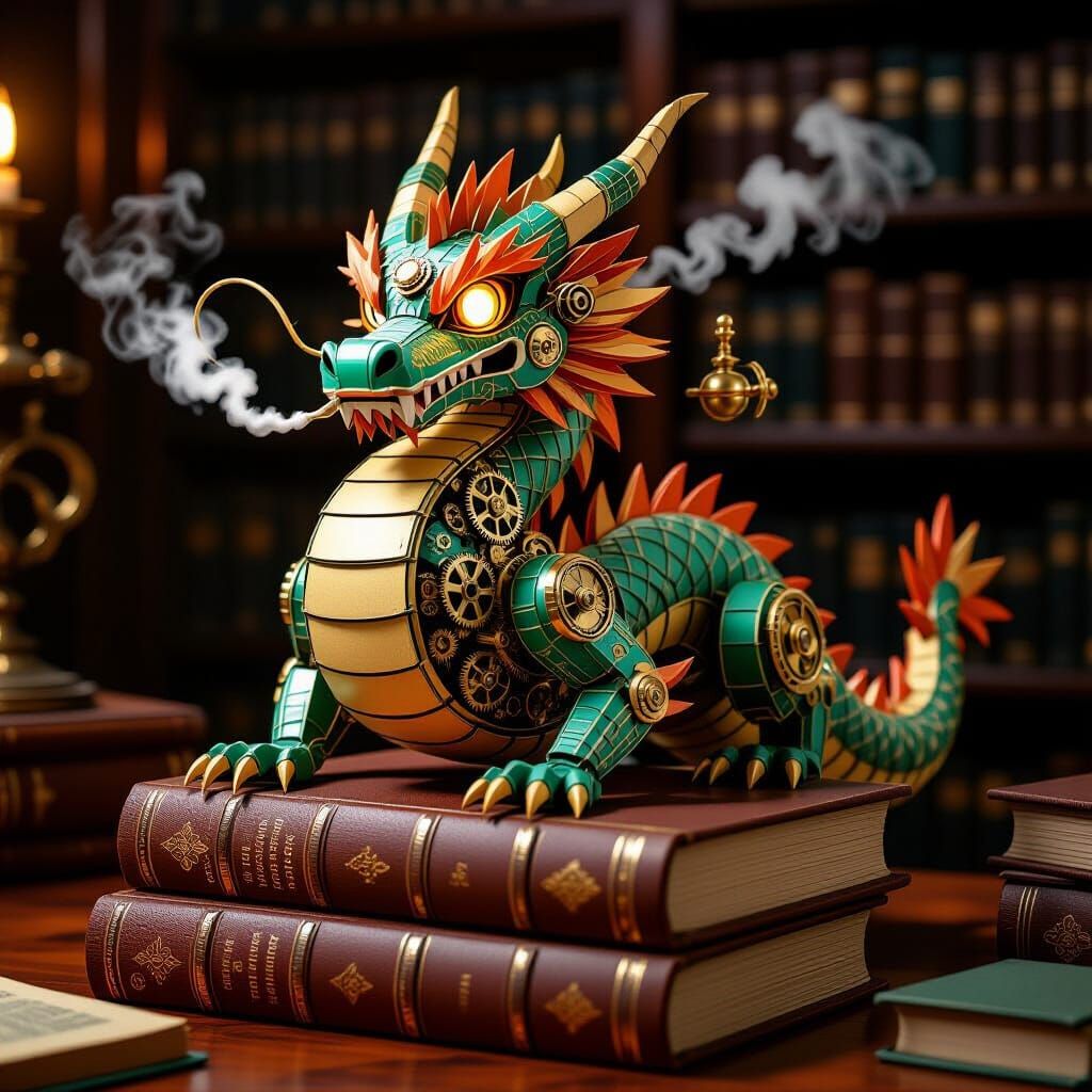 Steampunk Clockwork Dragon Automaton in Retro Anime Style