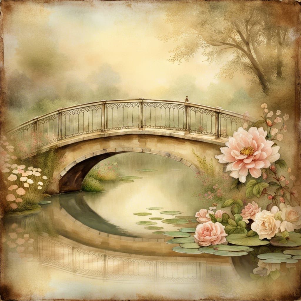 Dreamlike Bridge Over Pond in French Style