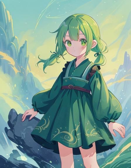 cute, anime woman, anime style, denim-hair, green eyes, Low ...