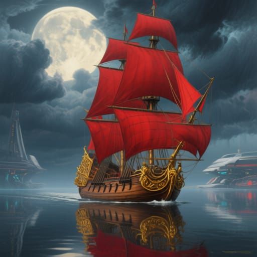 Galleon with Blood-Red Sails Under Harvest Moon