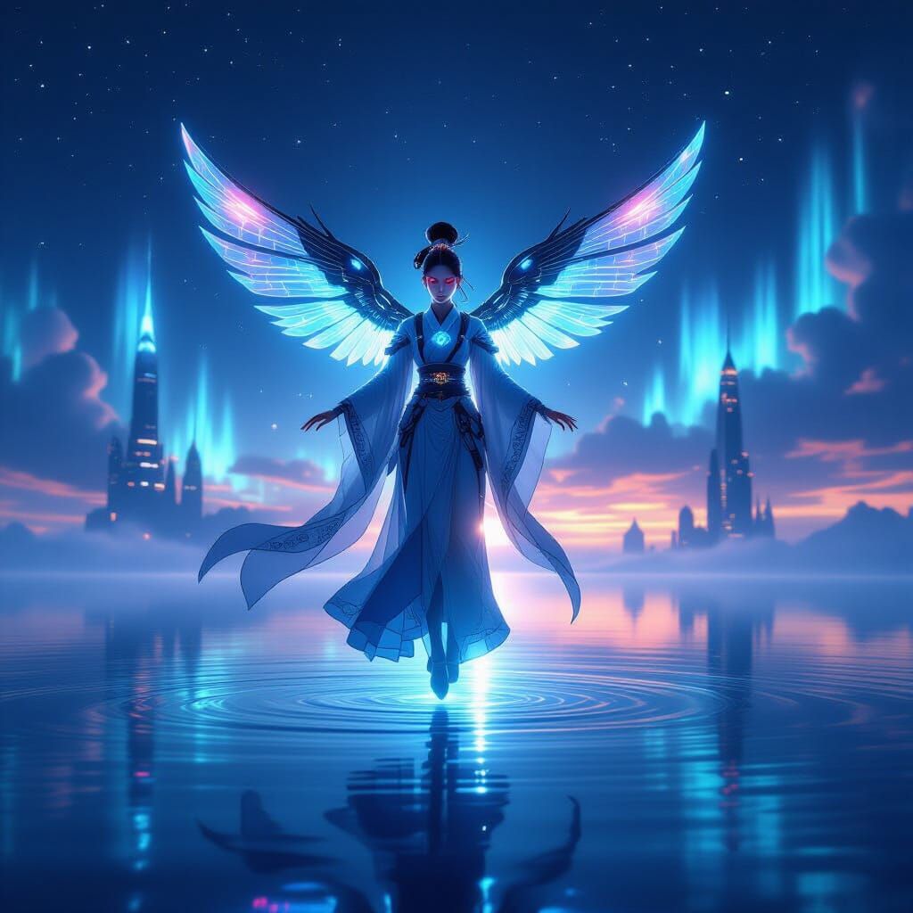 Vietnamese Guardian Above Reflective Sea in Anime Style