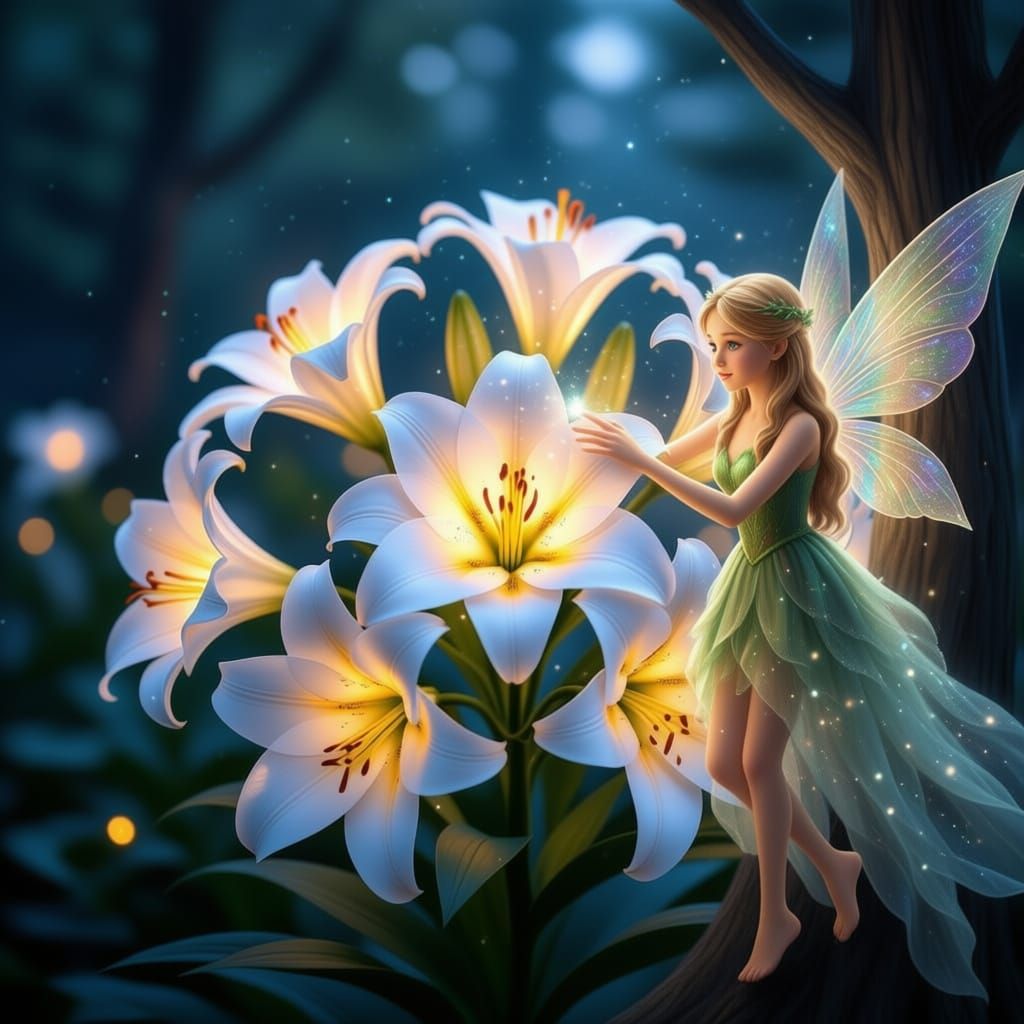 Magical Glowing Lily Tree in Enchanted Forest