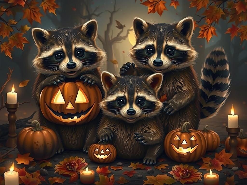 Adorable Baby Raccoons Carve a Jack-O-Lantern Under Moonligh...