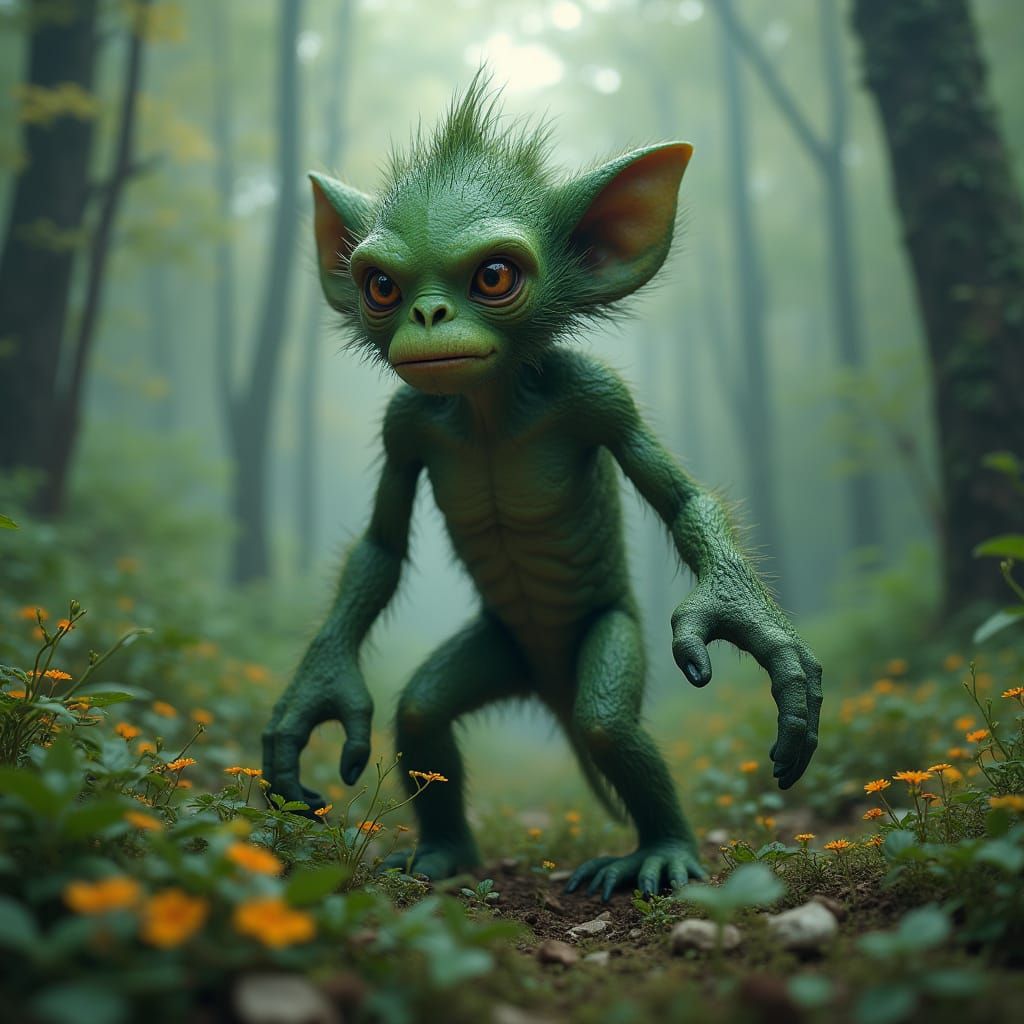 Surreal Alien-Monkey Creature in Misty Forest