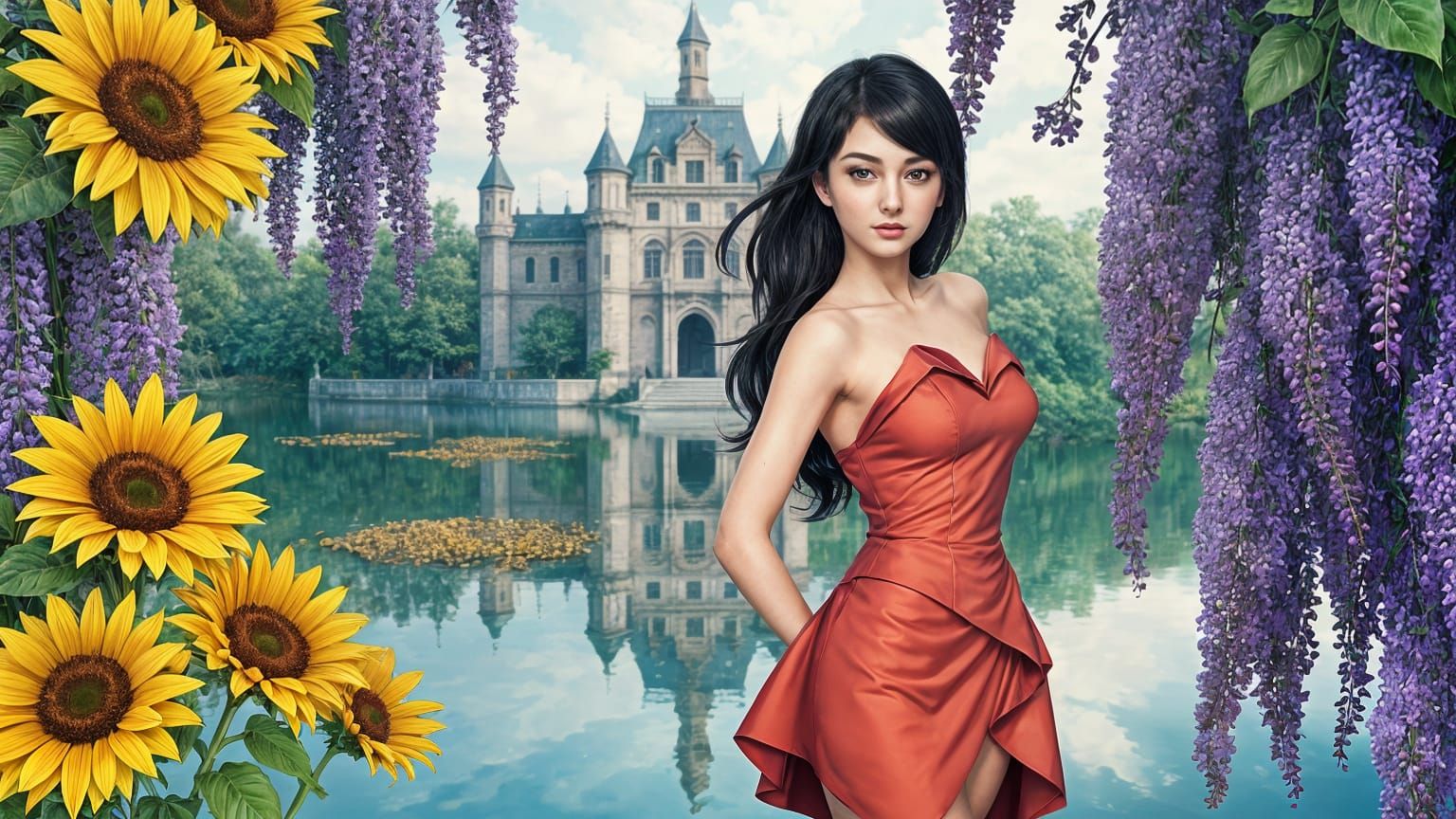 Elegant Woman Poses Before Dreamlike Castle