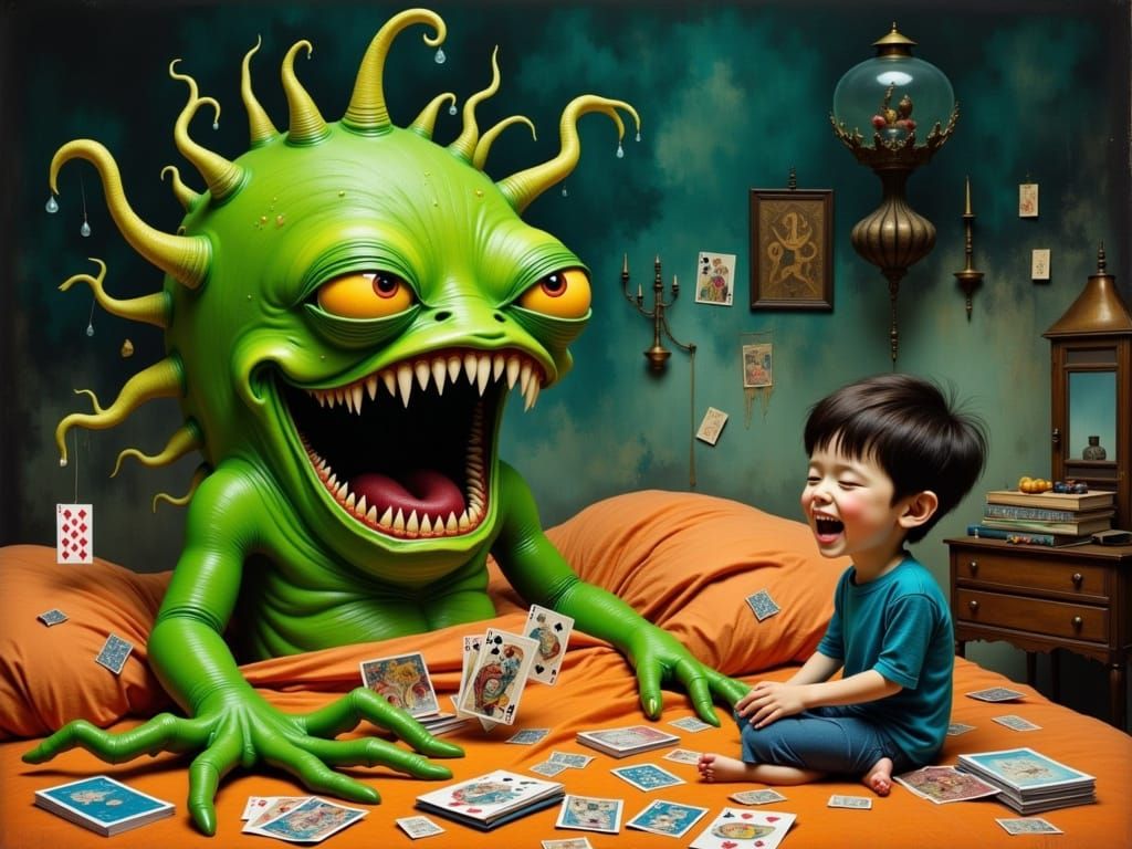 Monster and Boy Play Cards Laughing in Surreal Bed Scene