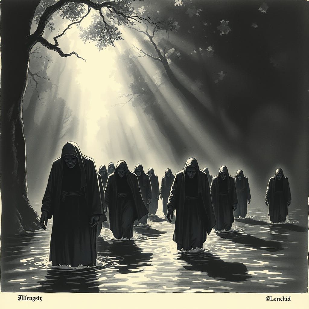 Figures in Dark Procession Through Ethereal Light