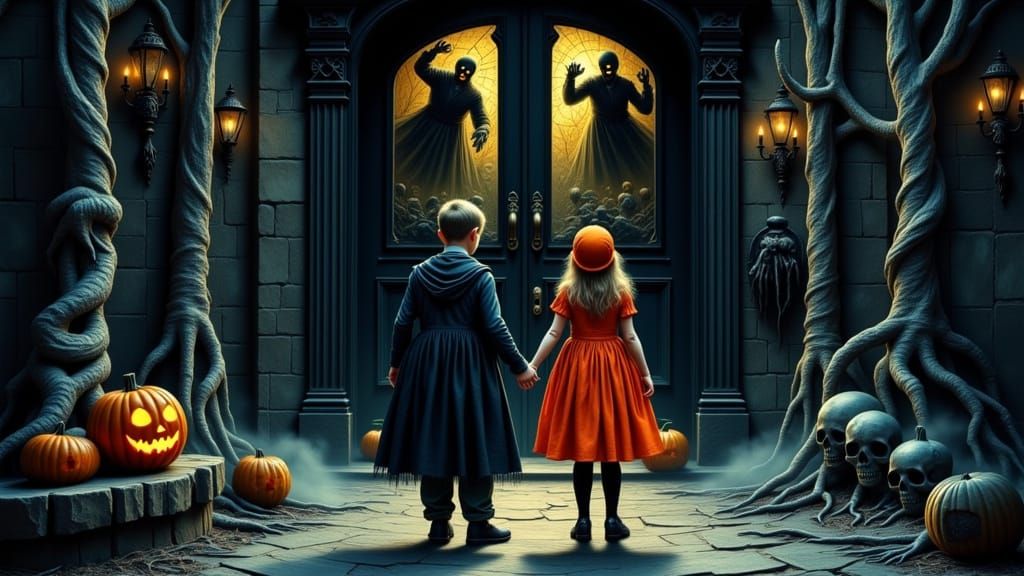 Children Trick-or-Treating at Haunted Gothic Mansion