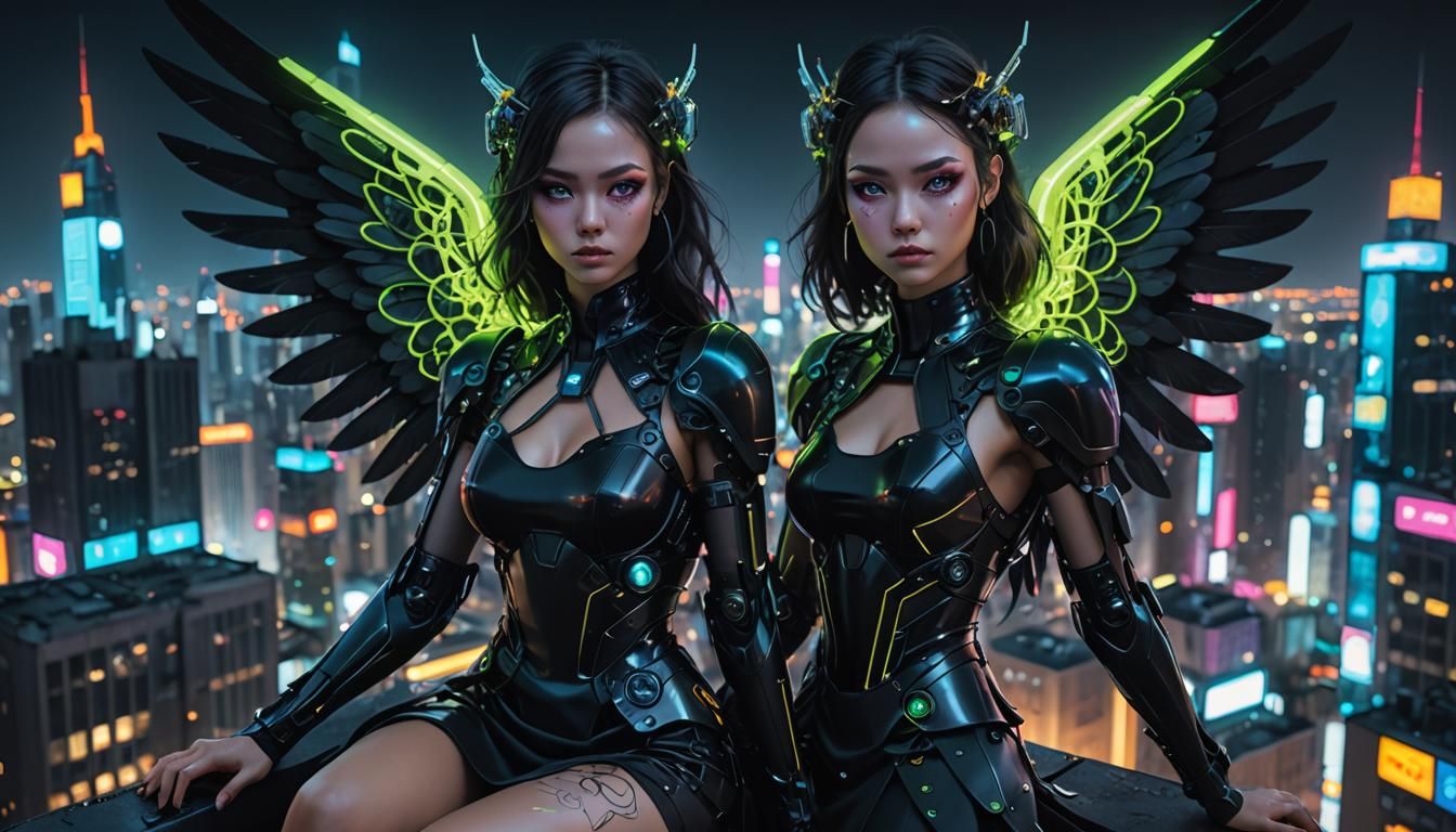 Cyberpunk Angel with Cyborg Wings in Neon Metropolis
