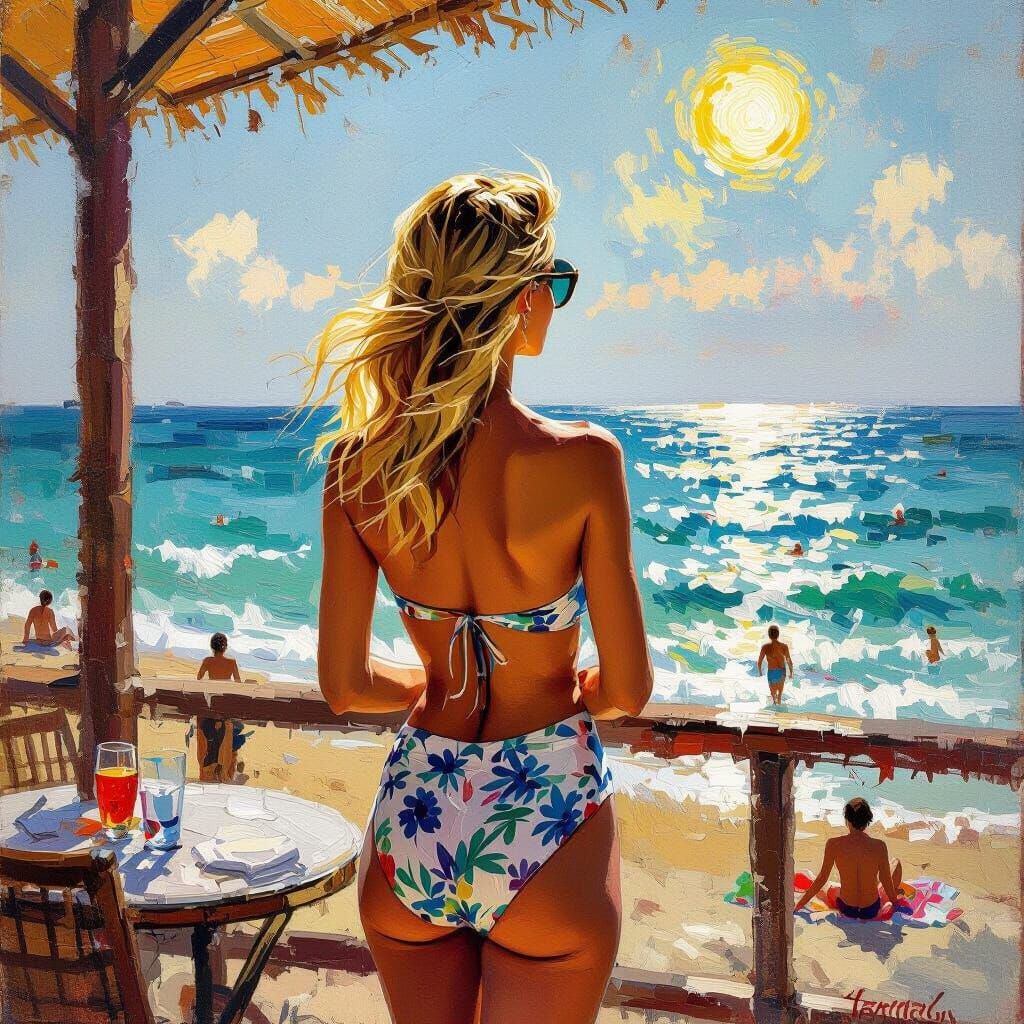 Blonde Woman on Beach Deck in Impressionist Style