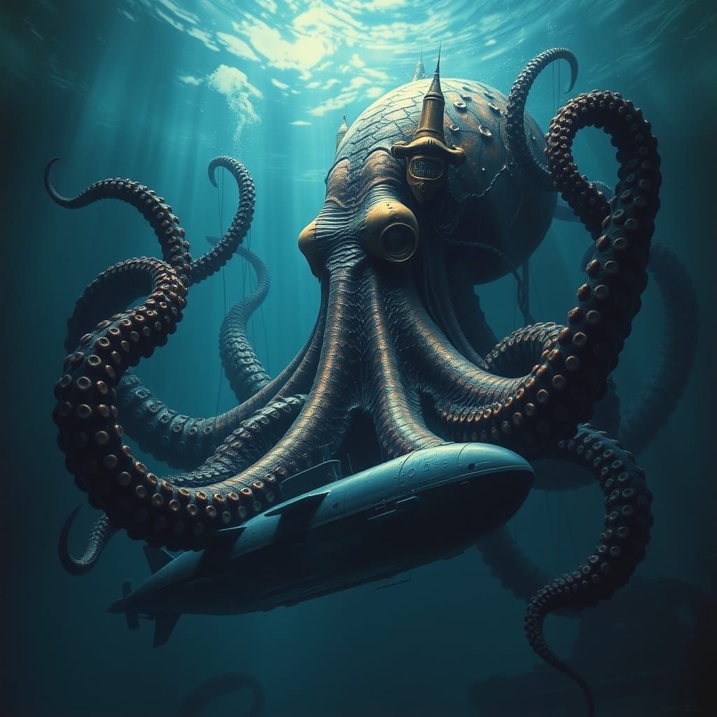 Giant Octopus Submarine Attack in Biomechanical Style