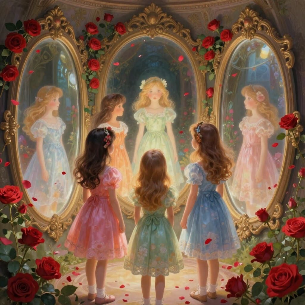 Girls Admire Ethereal Reflections in Rose-Filled Hall