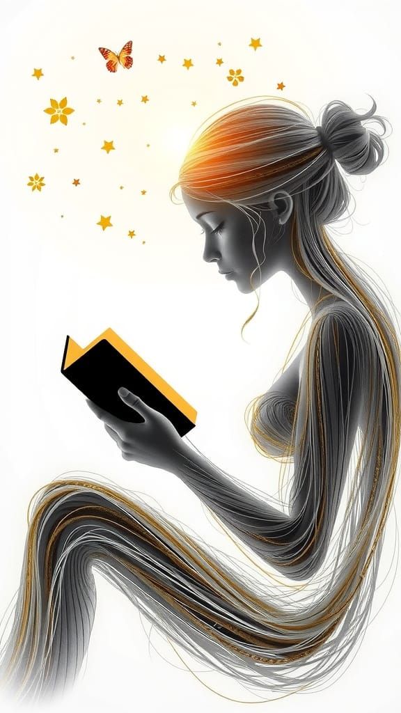 Silhouette of Girl Reading Made of Silver and Gold Threads