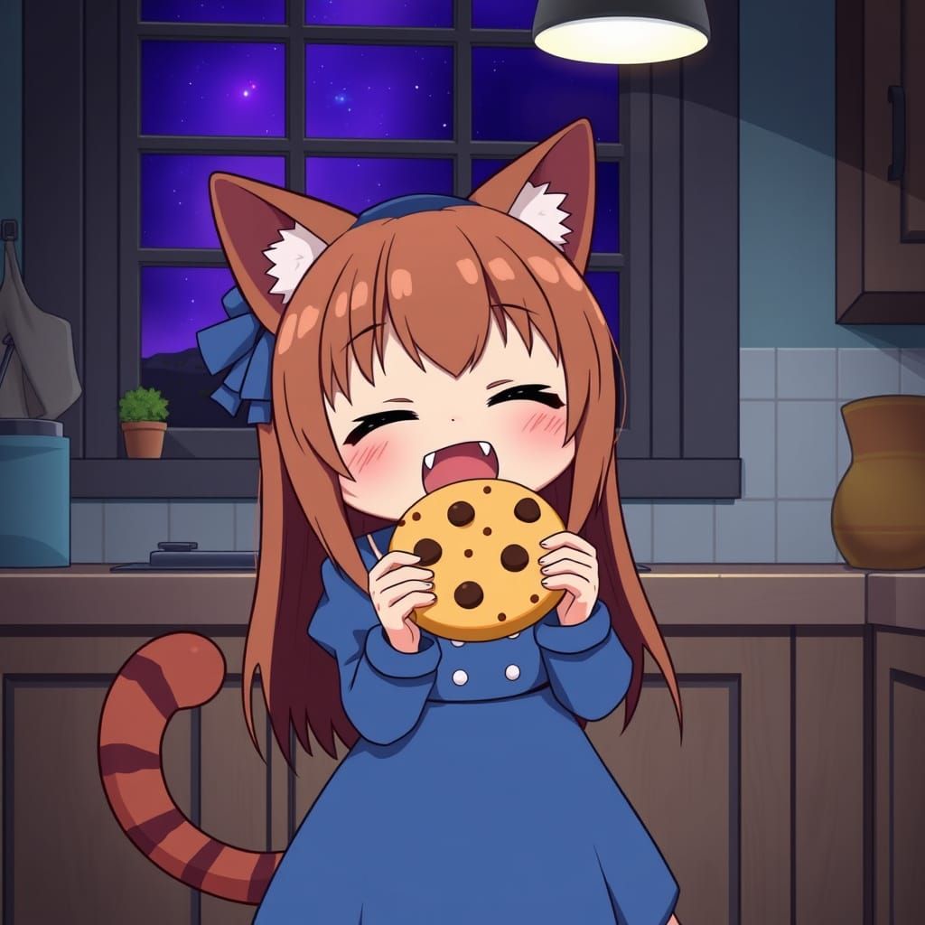 Whimsical Anime Catgirl Bites into Cookie Under Starry Night...