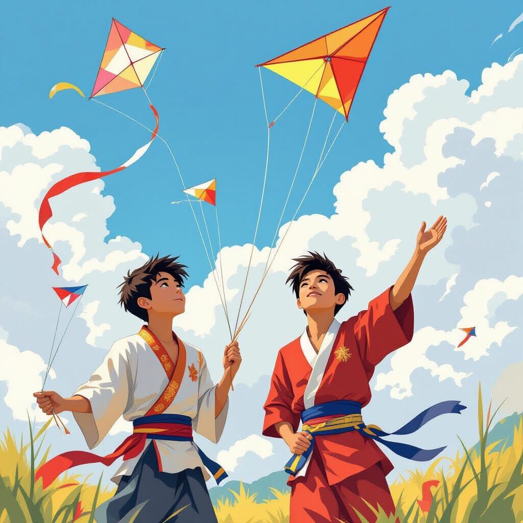 Thai Teens Flying Kites in Whimsical Style