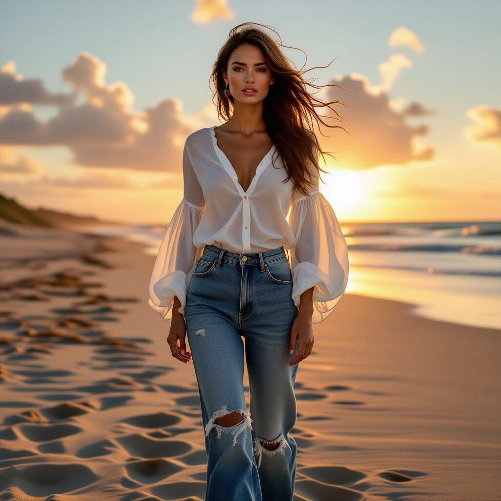 Model on Windswept Beach at Sunset