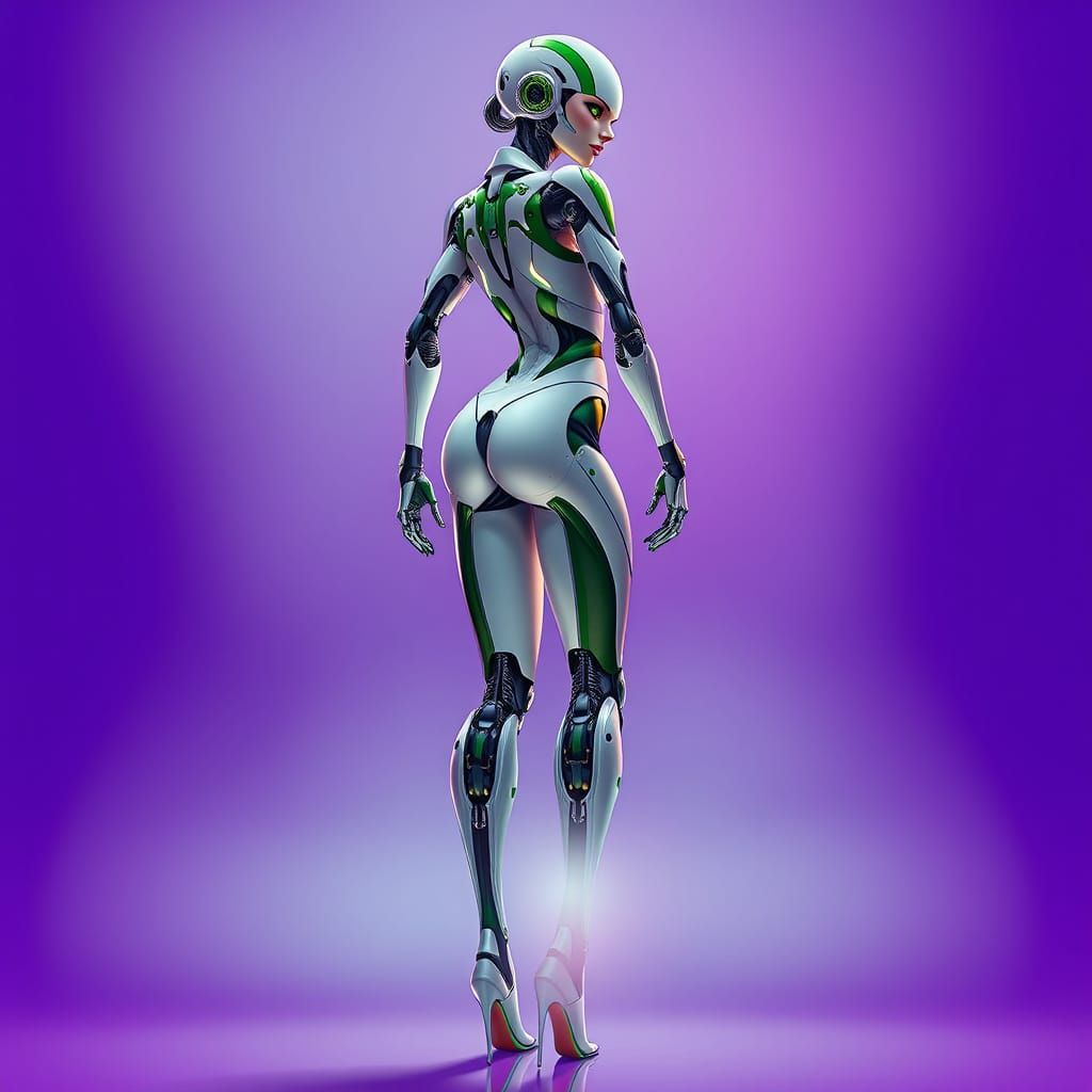 Hyperrealistic Robot Girl in High Heels on Vibrant Purple Ba...