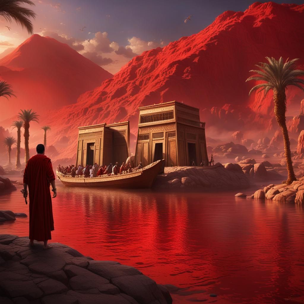 Vibrant Red Nile Scene in Deep Fantasy Style