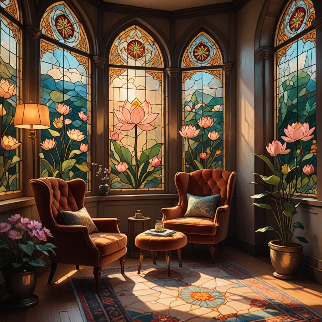Cozy Reading Nook with Stained Glass, Impressionist