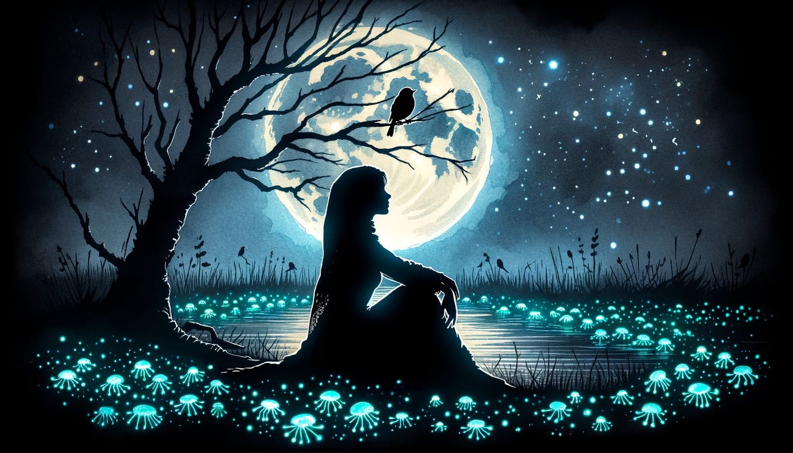 Ethereal Watercolor Horror: Bioluminescent Pond Scene Under....