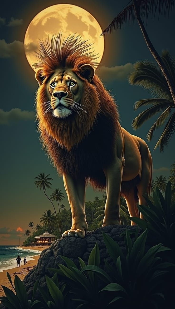 Tropical Beach Sunset with Lion