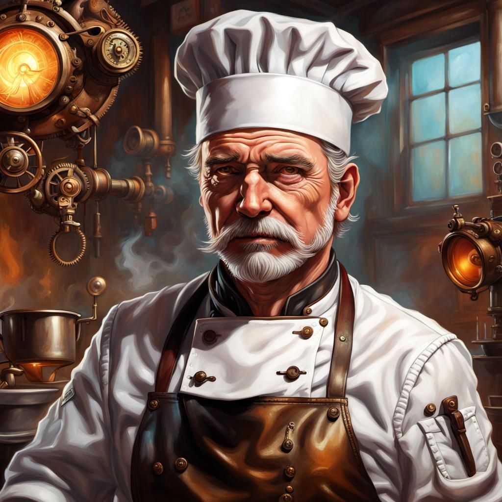 Steampunk Chef Ambrose Wells in Vivid Hyperrealism