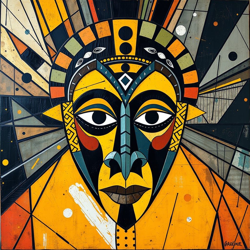 Vibrant Cubist African Mask in Geometric Patterns and Bold L...