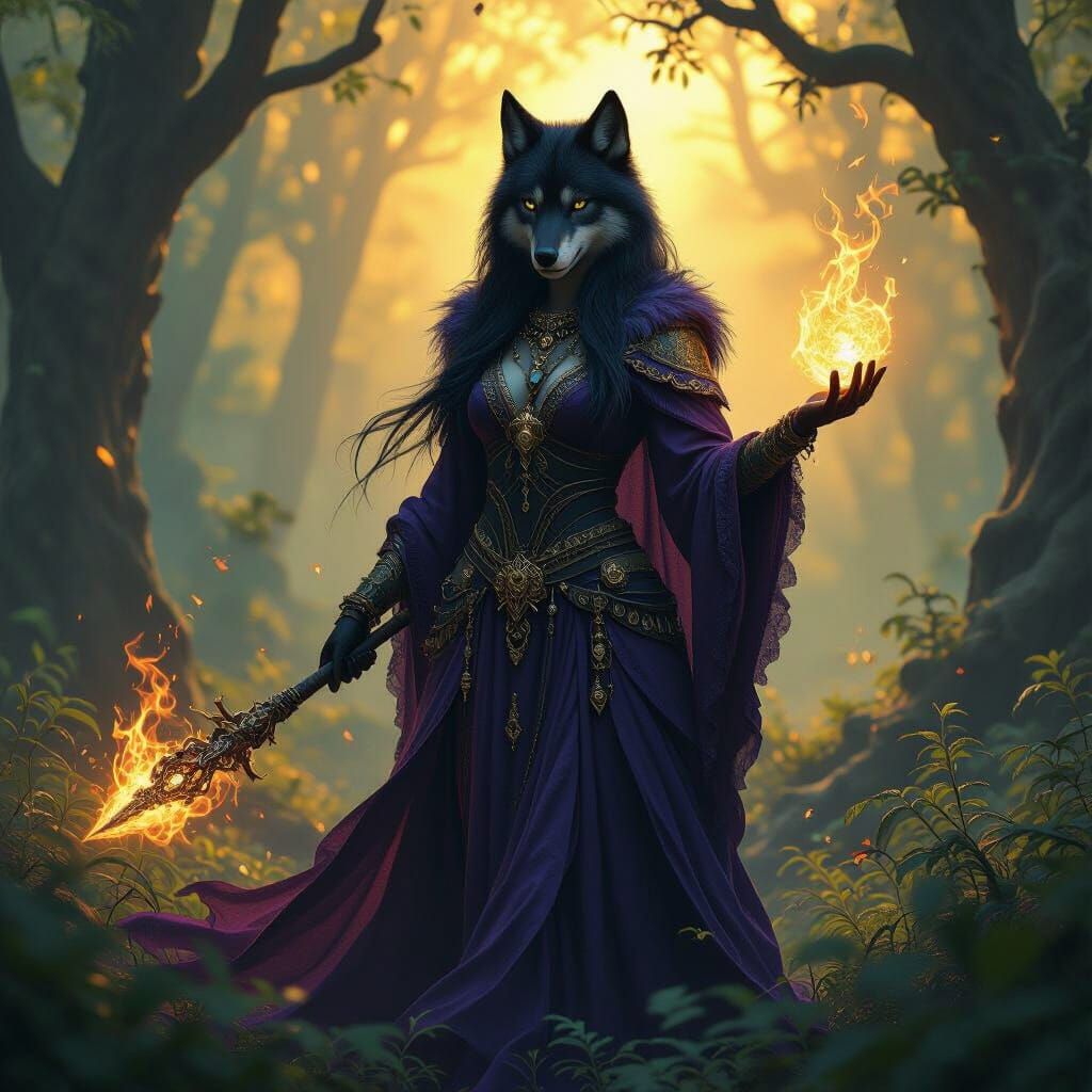 Mystical Wolf Woman in Dark Forest Art