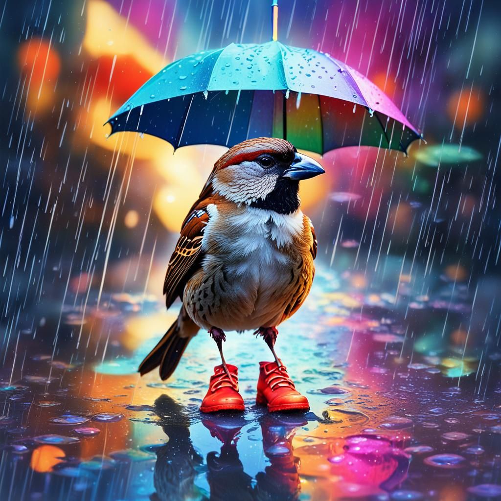 Rainy Cityscape with Happy Sparrow in Colorful Umbrella