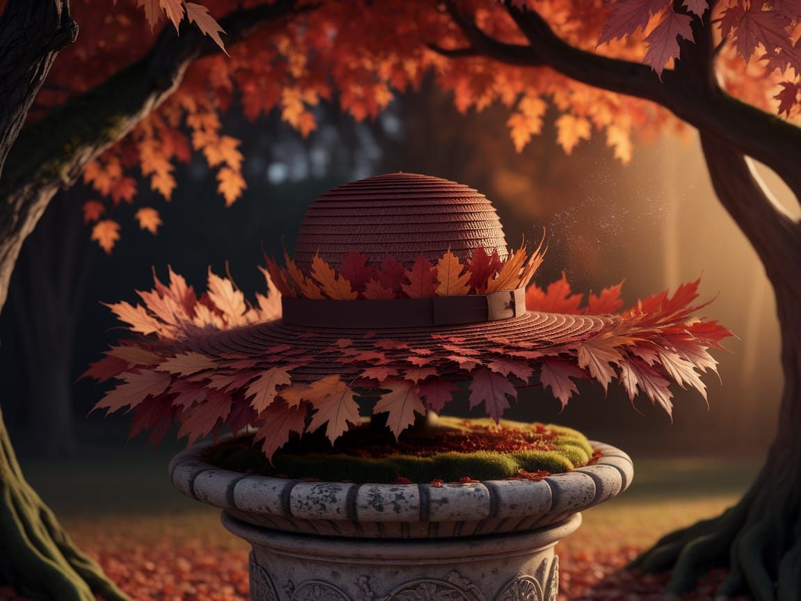 Hat Woven From Autumn Leaves in Golden Light