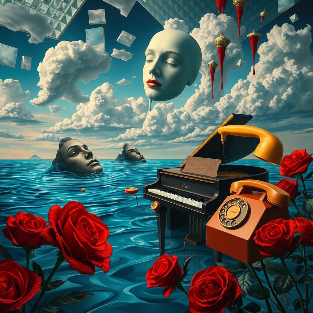 Surreal Ocean with Cubist Islands and Melting Mask