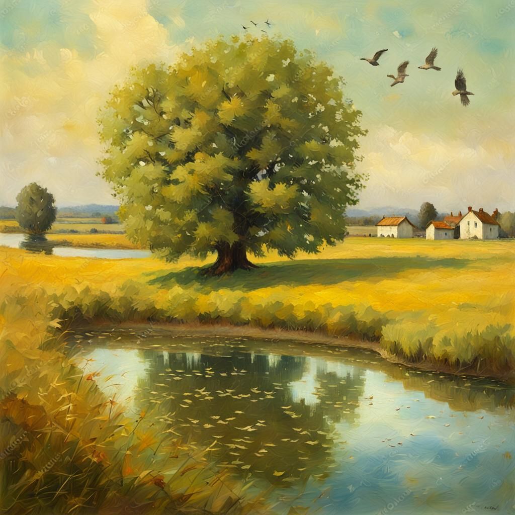 Autumn Landscape with Tree and Pond in Oil Painting