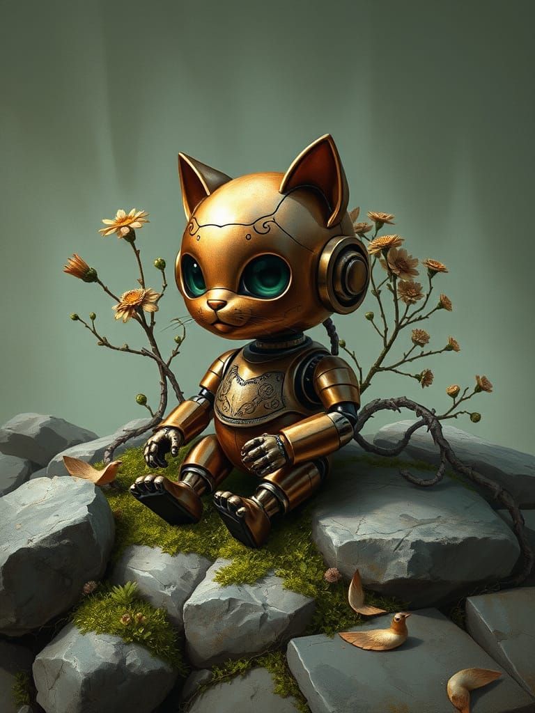 Chibi Robot in Whimsical Landscape