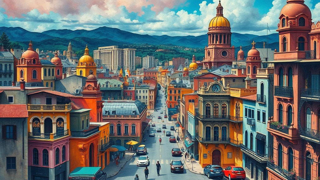Vibrant Mexican Cityscape in Dreamlike, Art Deco Style